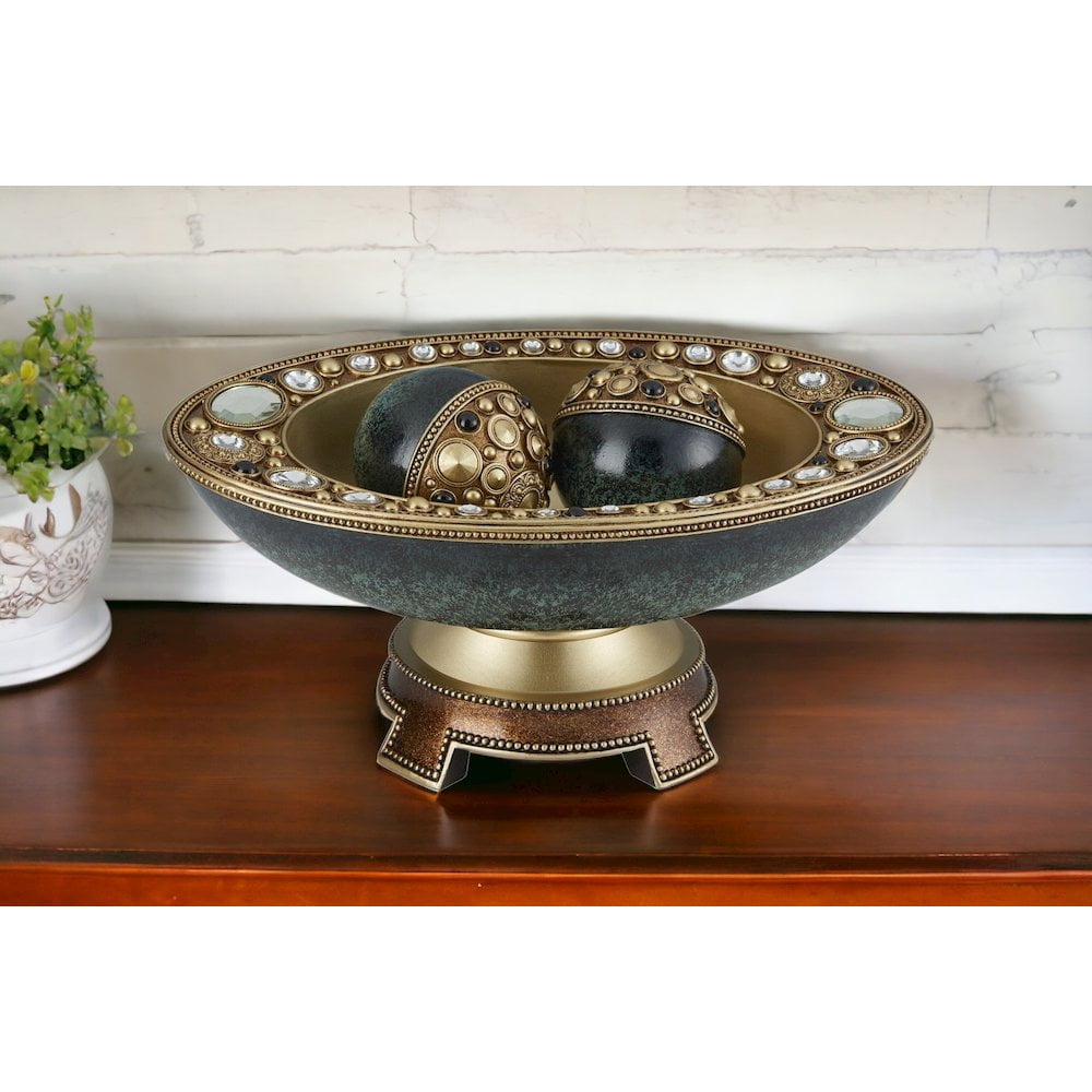 Handcrafted Green and Gold Resin Decorative Bowl with Stand