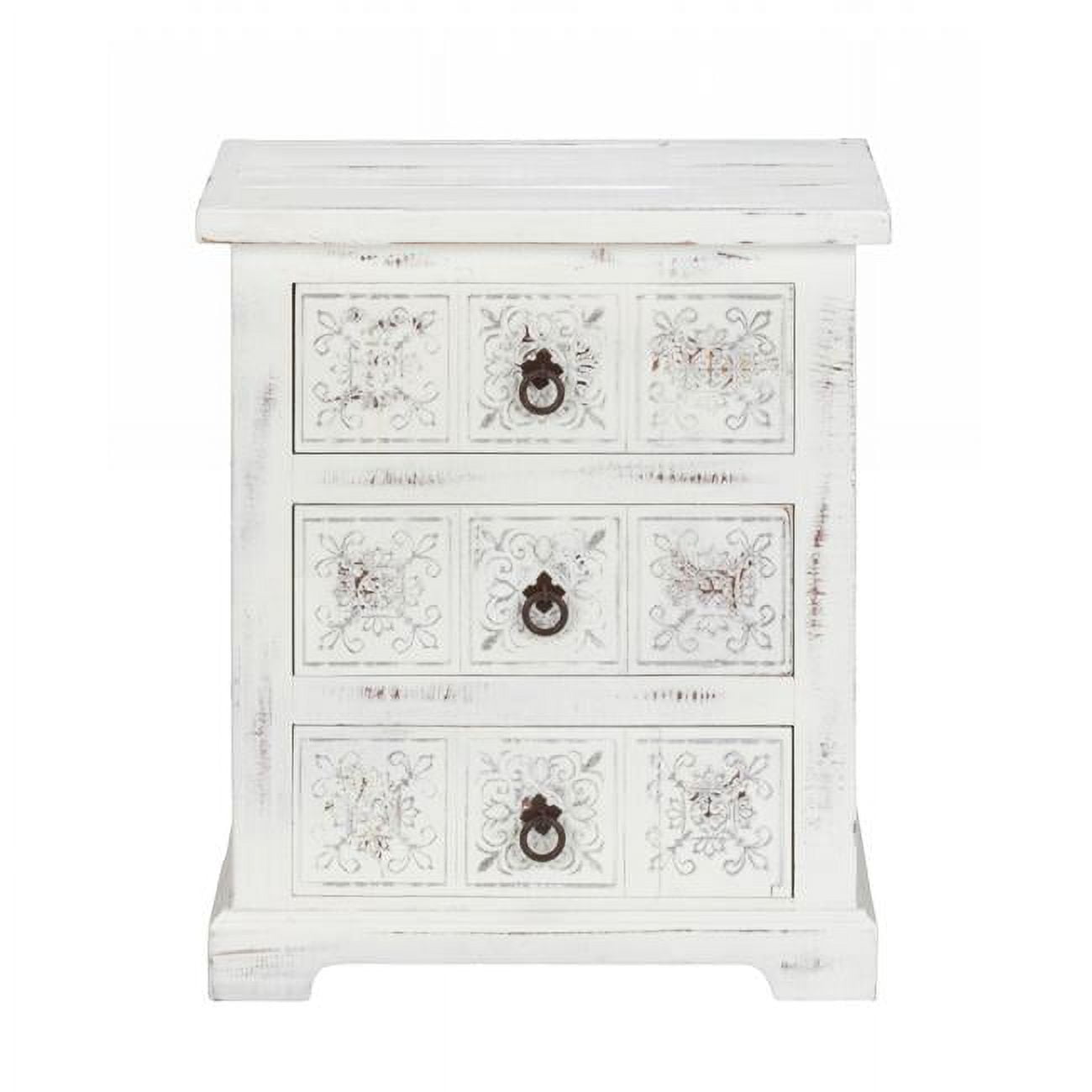 Distressed White Solid Wood 3-Drawer Carved Cabinet