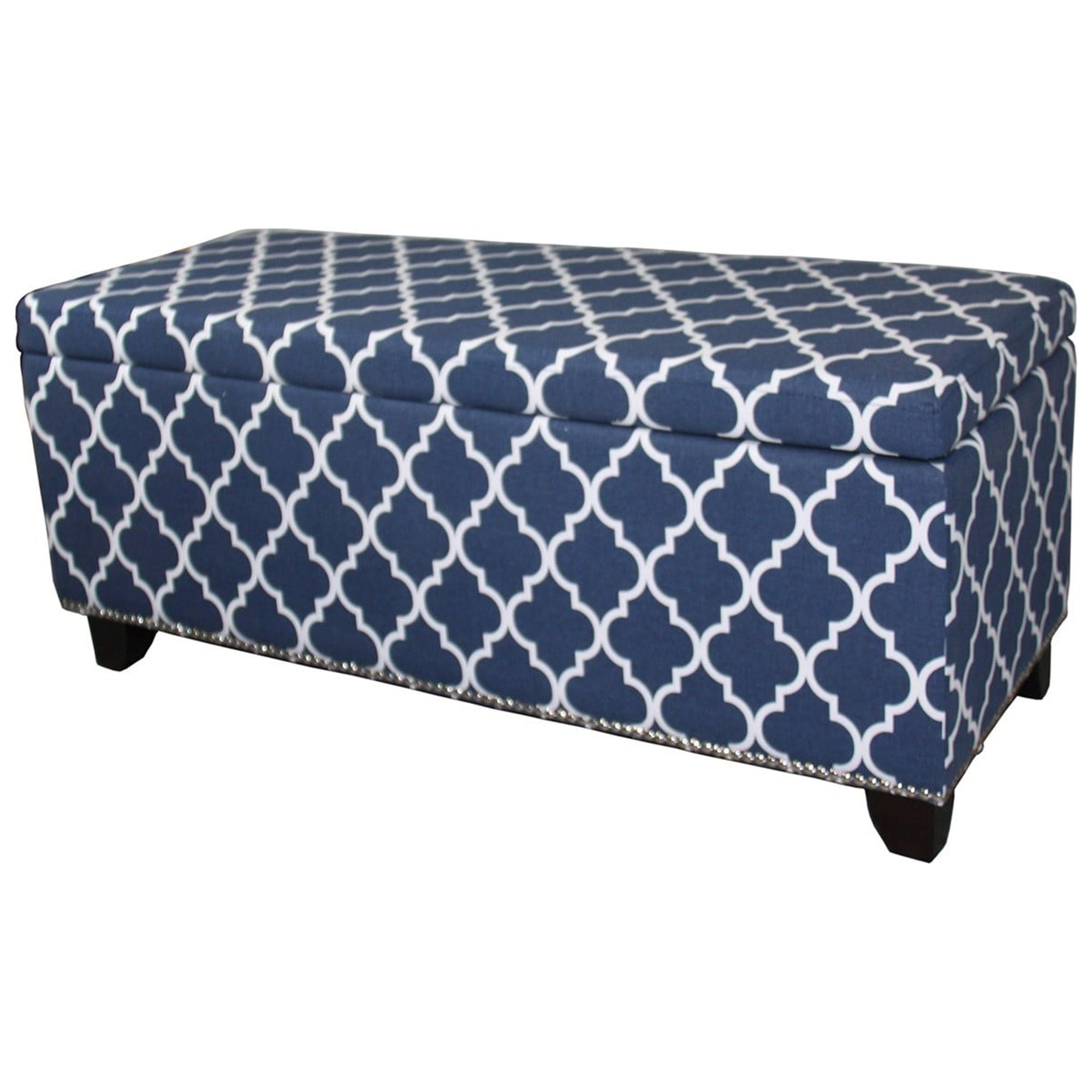 Blue and White Quatrefoil Upholstered Storage Bench