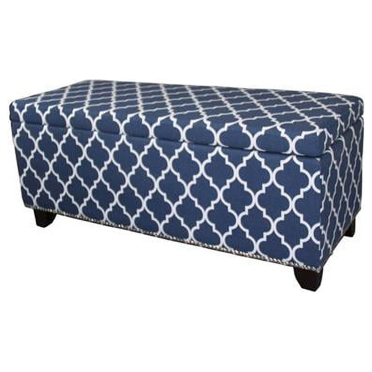 Blue and White Quatrefoil Upholstered Storage Bench