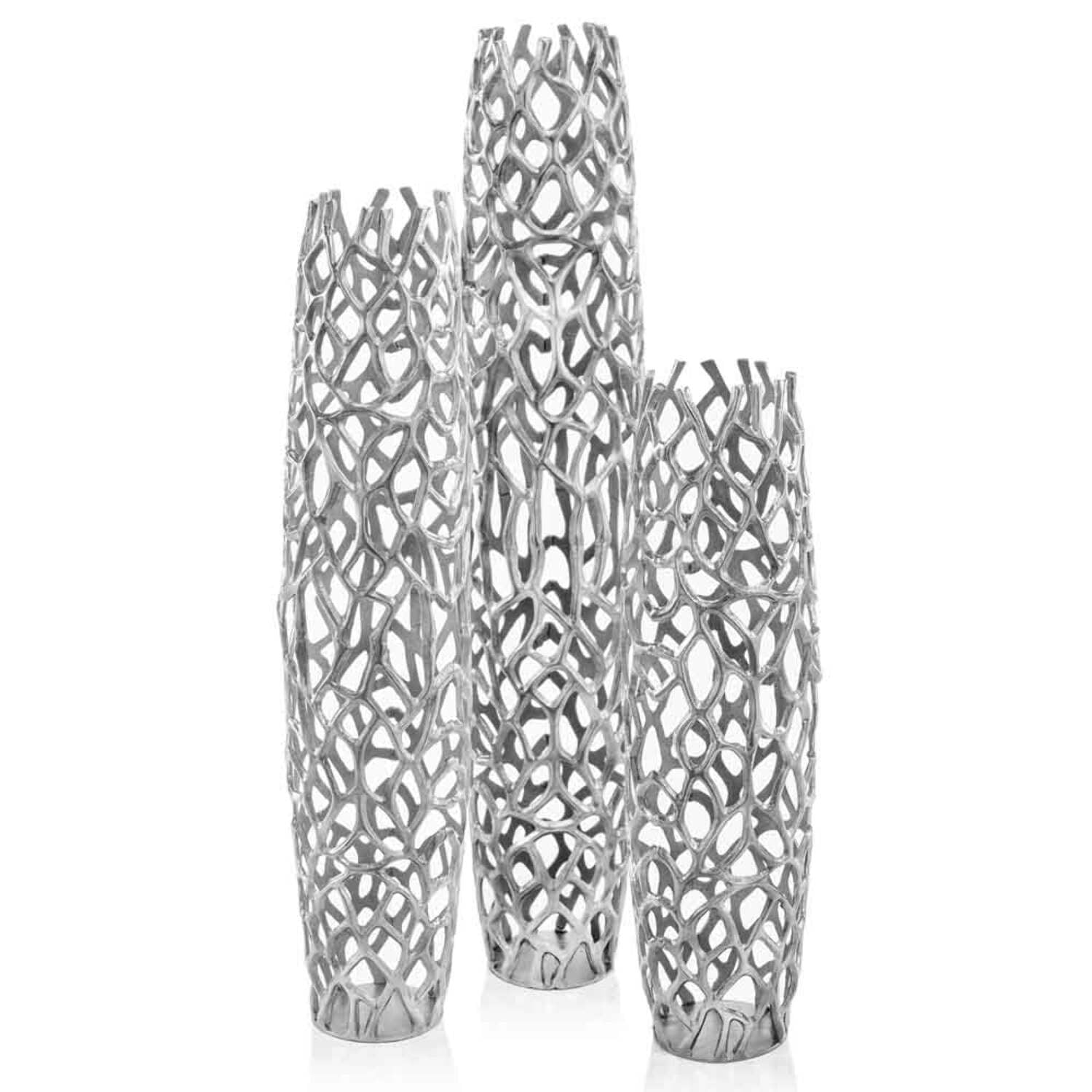 Tall Silver Aluminum Twigs Cylinder Floor Vase, 47 Inches