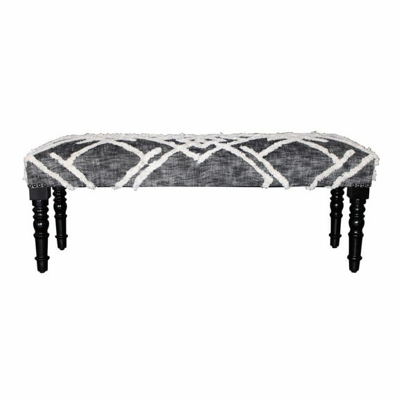 HomeRoots 47" Gray And White Geometric Cotton Upholstered Distressed Bench