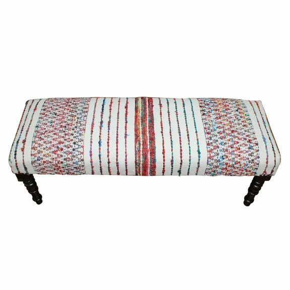 HomeRoots 47" Ivory Red and Pink Black Leg Chevron Stripe Upholstered Bench