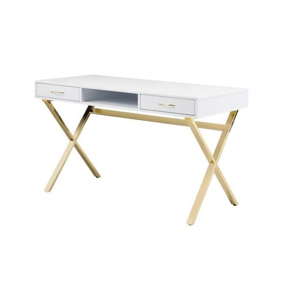 HomeRoots 554208 47 in. White & Gold Wood & Metal Computer Desk with Two Drawers