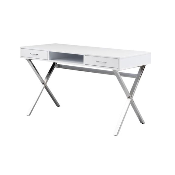 HomeRoots 554209 47 in. White & Silver Wood & Metal Computer Desk with Two Drawers