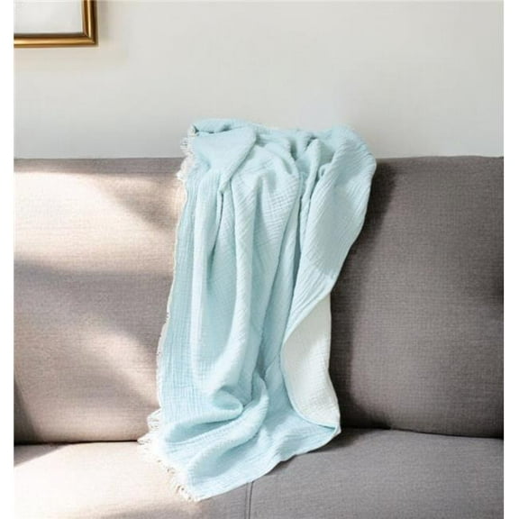 HomeRoots 548871 47 x 60 in. Aqua Cotton Woven Turkish Towel Throw Blanket with Fringe