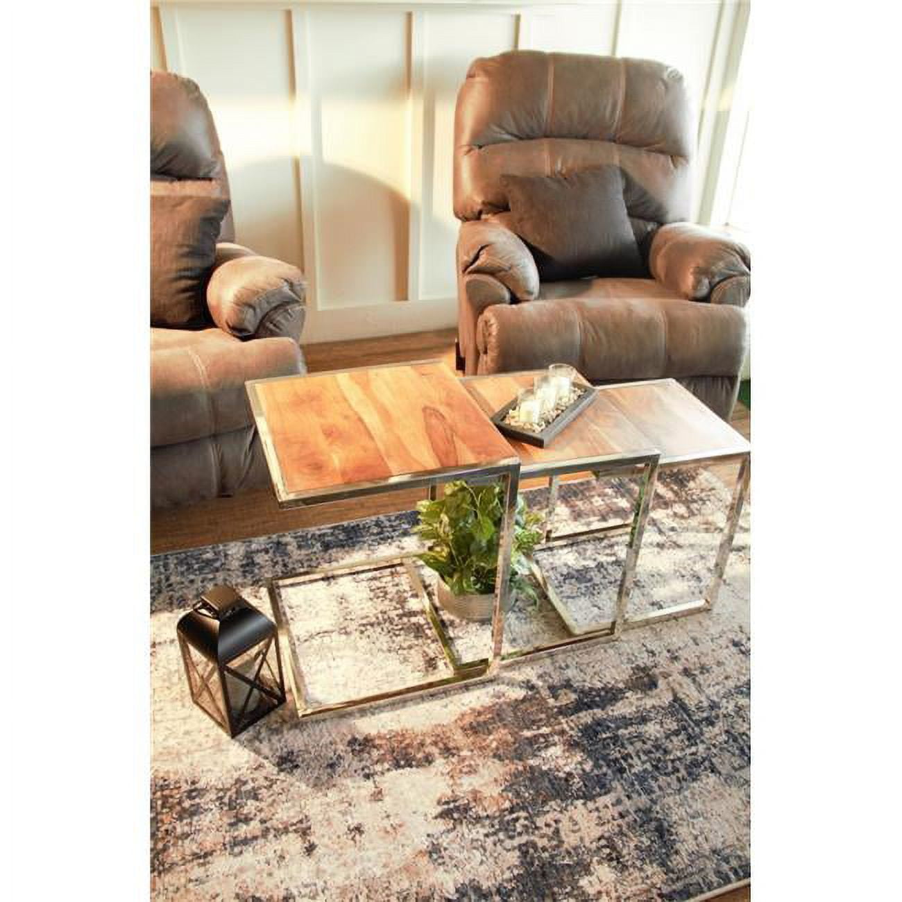 Compact Gold and Mango Wood C-Shaped Nesting End Tables Set