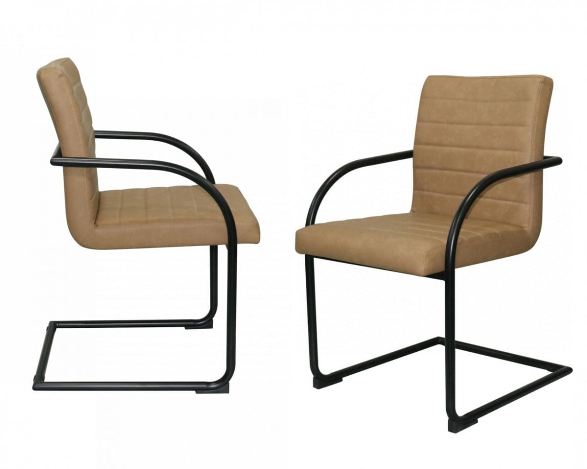Industrial Tan Faux Leather Dining Chairs with Black Metal Frame - Set of 2