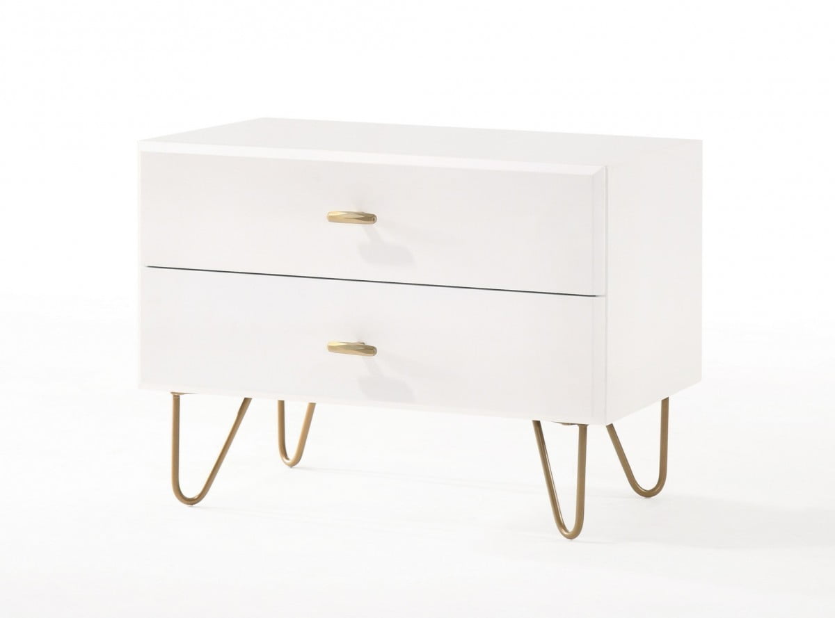 White and Gold 2-Drawer Nightstand with Metal Legs