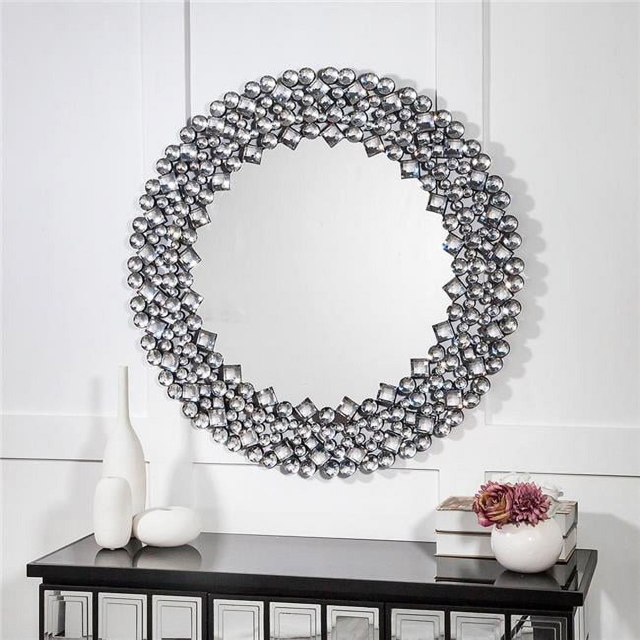 Rectangular Silver Wood Wall Mirror with Crystal Accents