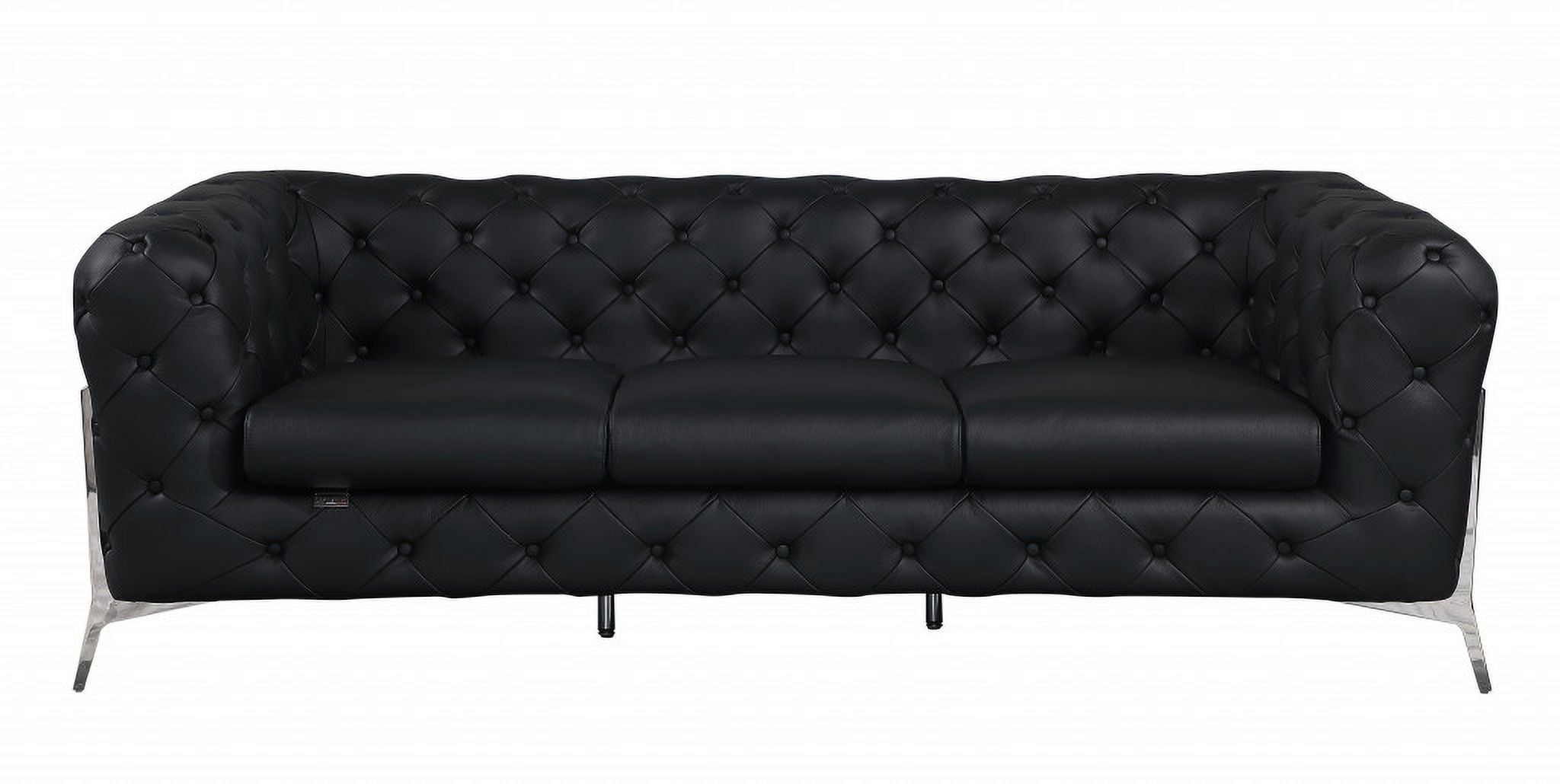 93" Luxe Black Genuine Leather Tufted Sleeper Sofa with Chrome Legs
