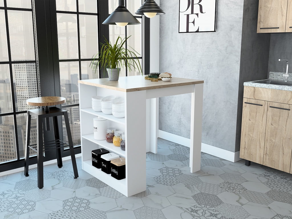 White and Pine Rectangular Kitchen Island with Shelves