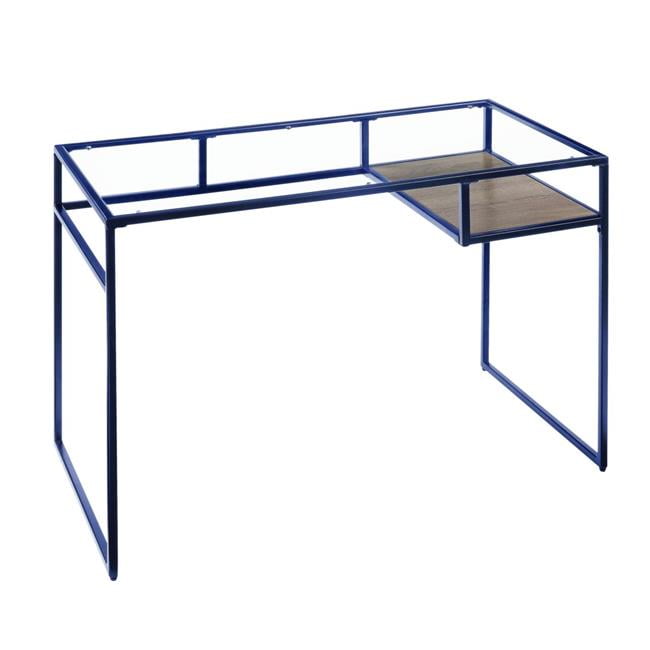 Blue and Glass Industrial Writing Desk with Metal Frame