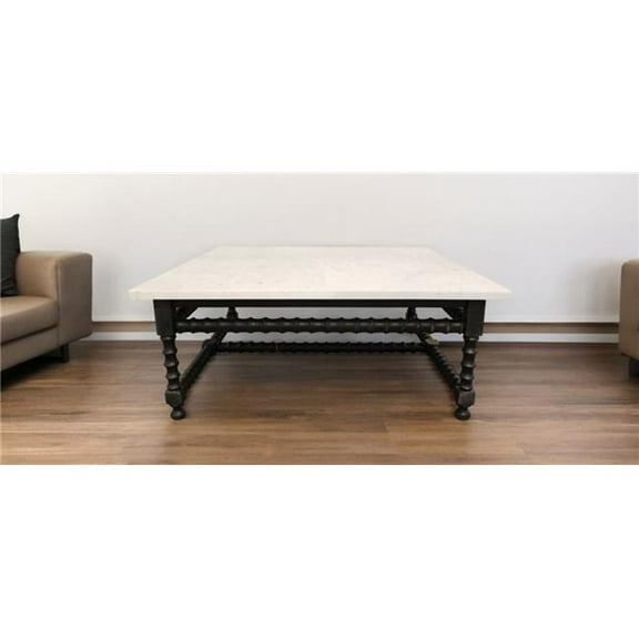 HomeRoots 569553 48 in. White & Black Genuine Marble & Solid Wood Square Coffee Table