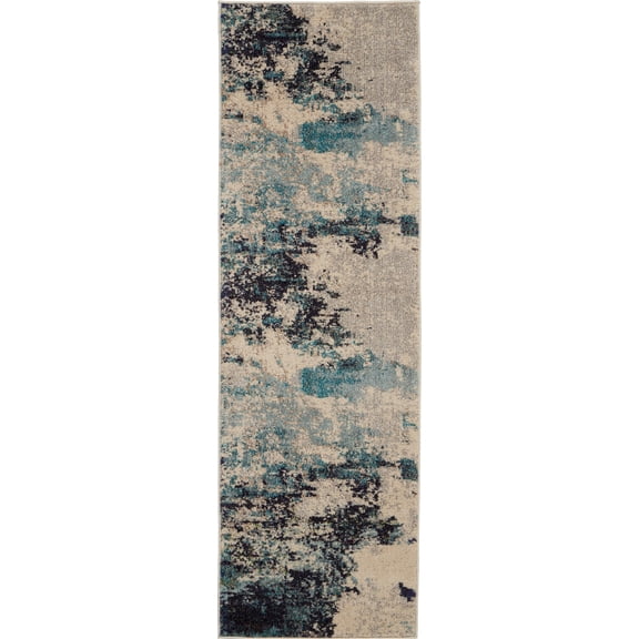HomeRoots 480131 2 x 6 ft. Ivory & Teal Blue Abstract Power Loom Non Skid Runner Area Rug