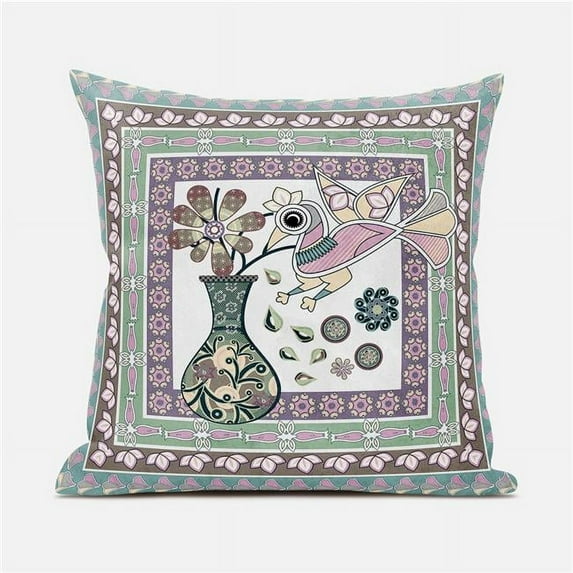 HomeRoots 481214 18 x 18 in. Peacock Broadcloth Floral Zippered Pillow, Pink & Brown