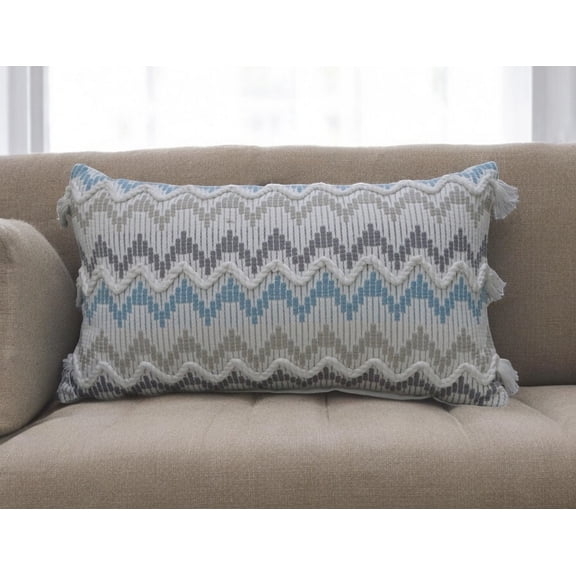 14" X 24" White Gray and Blue Chevron Cotton Lumbar Throw Pillow With Tassels and Texture