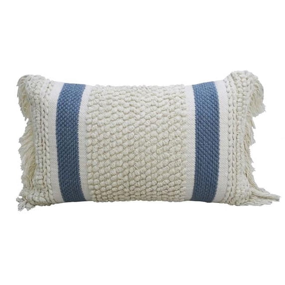 HomeRoots 482232 10 x 14 x 24 in. Cream & Light Blue Handmade Nubby Texture Throw Pillow with Fringe