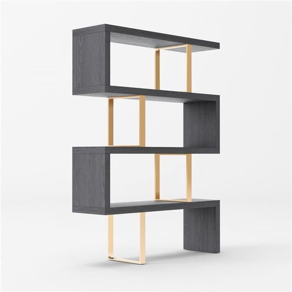 HomeRoots 482698 67 x 51 x 14 in. Gray Elm & Gold Four Tier Zig Zag Bookcase
