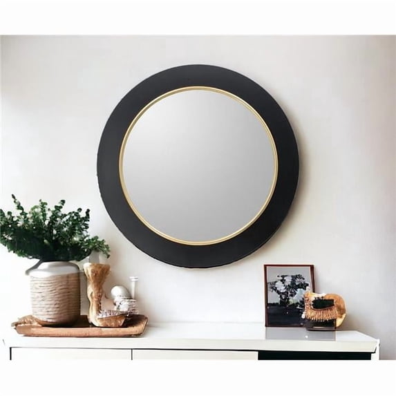 HomeRoots 485026 32 in. Black & Gold Lighted Round Metal Framed Accent Mirror