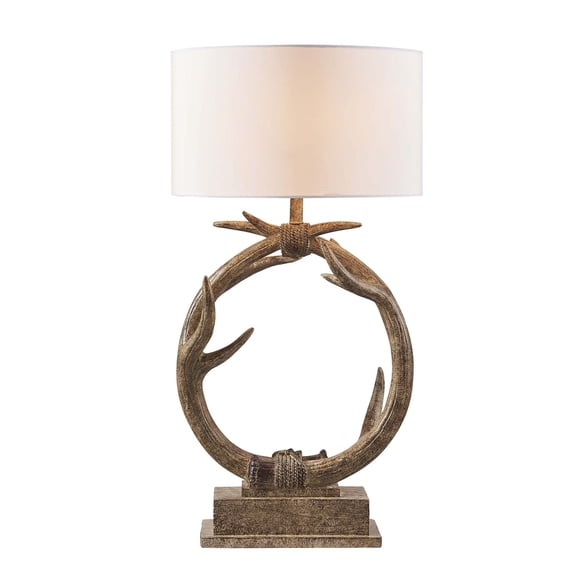 HomeRoots 485189 27 in. Rustic Faux Antlers Table Lamp with White Drum Shade, Brown