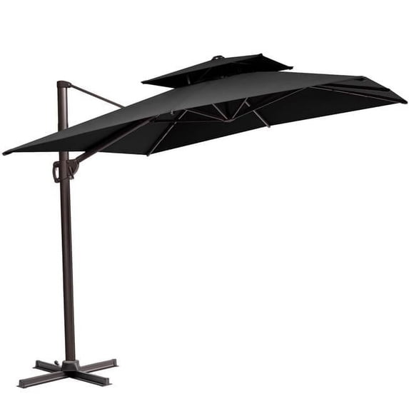 HomeRoots 485672 11 ft. Black Polyester Round Tilt Cantilever Patio Umbrella with Stand