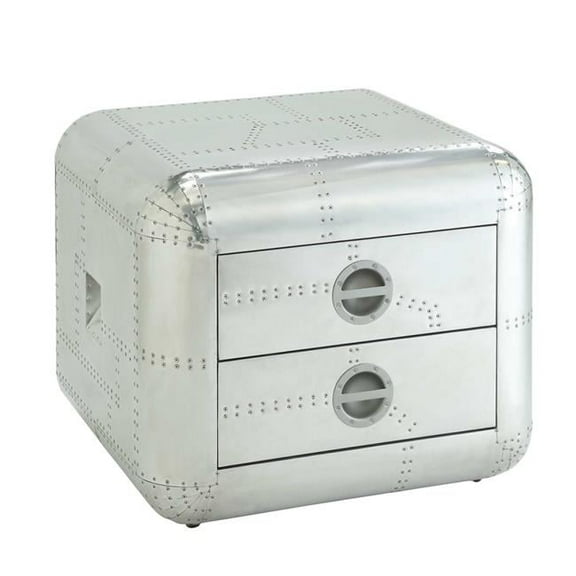 HomeRoots 485841 22 in. Aluminum Aviator Trunk Style Square End Table with Two Drawers, Silver