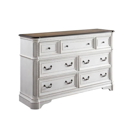 HomeRoots 486002 40 x 64 x 19 in. Antique White & Oak Solid Wood Seven Drawers Triple Dresser