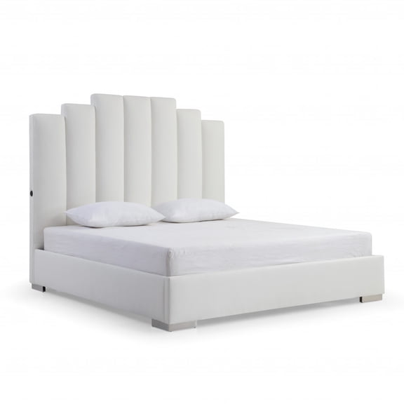 HomeRoots 486082 67 x 64 x 87 in. Queen Size White Vertical Channel Faux Leather Bed with USB