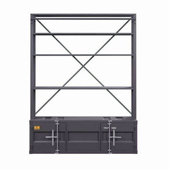 HomeRoots 486287 83 x 66 x 29 in. Gray Four Tier Cargo Style Bookcase with Cabinets & Ladder
