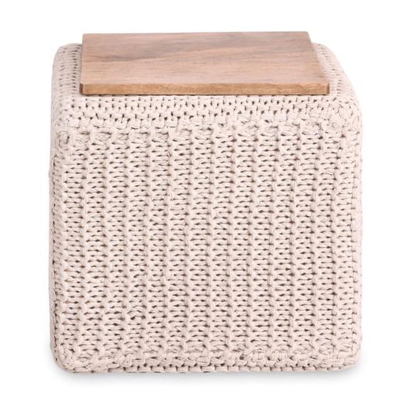 HomeRoots 486548 15 x 16 x 16 in. Ivory Cotton Blend & Brown Pouf Ottoman