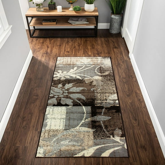 HomeRoots 486984 12 ft. Beige & Gray Floral Power Loom Distressed Runner Rug