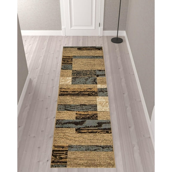 HomeRoots 487056 10 ft. Light Blue-Beige Patchwork Power Loom Stain Resistant Runner Area Rug