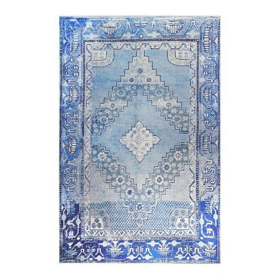 HomeRoots 487151 5 x 8 ft. Shades Of Blue Geometric Power Loom Distressed Stain Resistant Non Skid Rectangle Area Rug