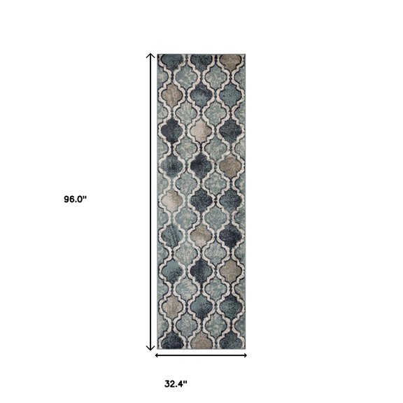 HomeRoots 487167 8 ft. Deep Royal Quatrefoil Power Loom Distressed Stain Resistant Runner Area Rug