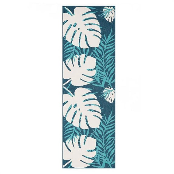 HomeRoots 487248 8 ft. Runner Blue Green Cream Geometric Stain Resistant Indoor & Outdoor Runner Area Rug