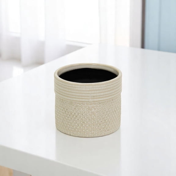Off White Ceramic 25 Ounce Dotted Round Distressed Pot Planter