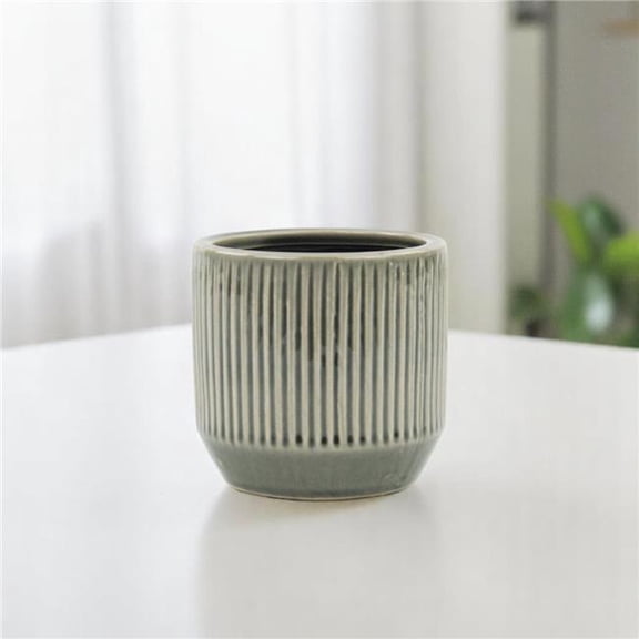HomeRoots 487457 17 oz Gray Ceramic Striped Round Distressed Pot Planter