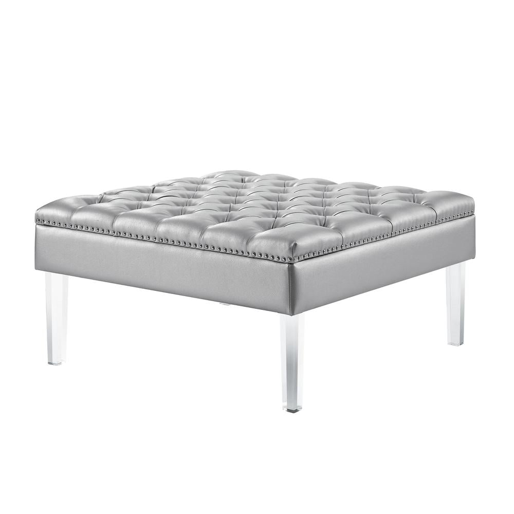 Silver Faux Leather Tufted Cocktail Ottoman with Clear Acrylic Legs