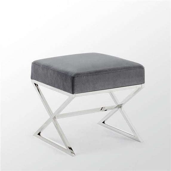 HomeRoots 487856 18 x 18 x 18 in. Gray Velvet & Silver Ottoman