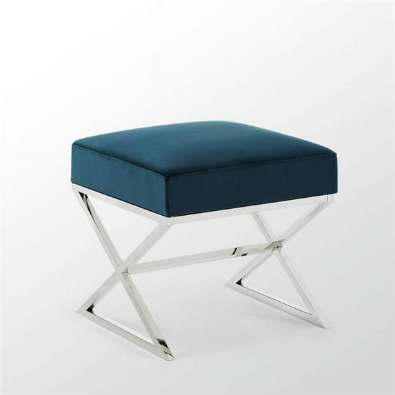 HomeRoots 487857 18 x 18 x 18 in. Navy Blue Velvet & Silver Ottoman