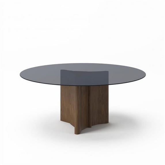 HomeRoots 487878 30 x 71 x 71 in. Smoked & Walnut Rounded Glass & Solid Manufactured Wood Dining Table