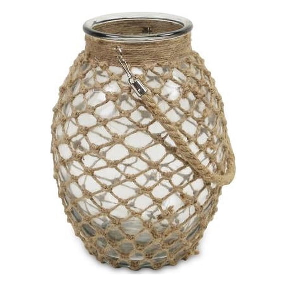 HomeRoots 488170 12.25 in. Clear & Brown Oval Glass Jar with Rope