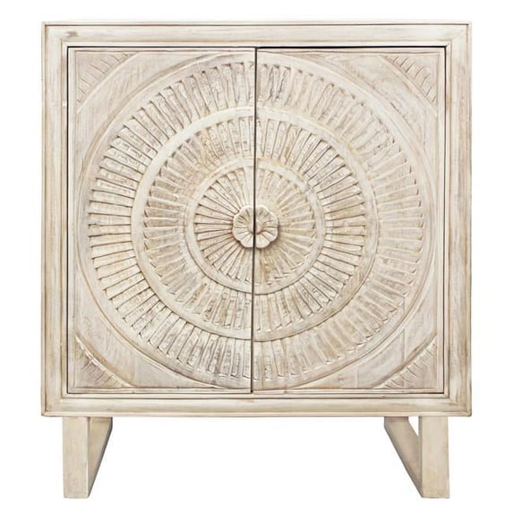 HomeRoots 489022 41 x 33 x 16 in. Distressed White Solid Wood Two Door Floral Carved Accent Cabinet