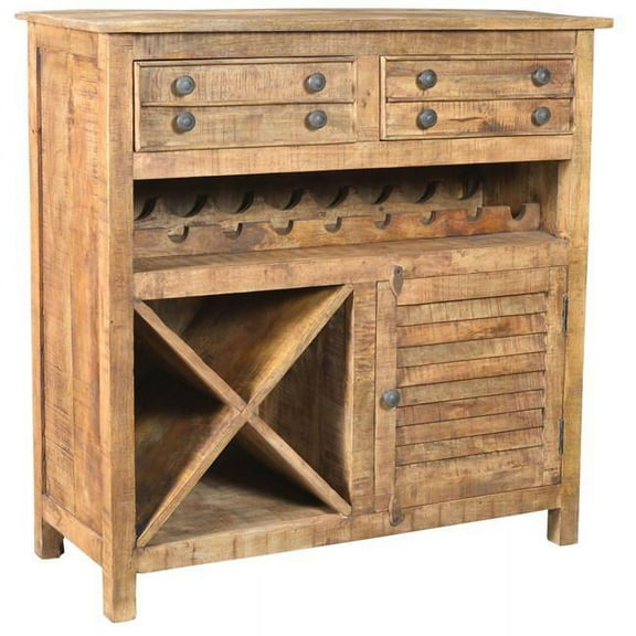 HomeRoots 489030 40 x 40 x 16 in. Rustic Natural Solid Wood 2 Door Wine Bar Cabinet