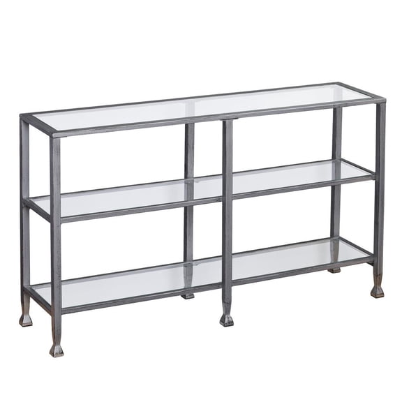 HomeRoots 49" Clear and Silver Glass Distressed Floor Shelf Console Table With Storage