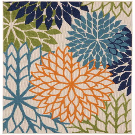 HomeRoots 521637 5 ft. Blue & Green Square Floral Power Loom Stain Resistant Area Rug