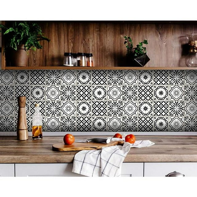 HomeRoots 5" X 5" Black and White Multi  Peel and Stick Removable Tiles Black
