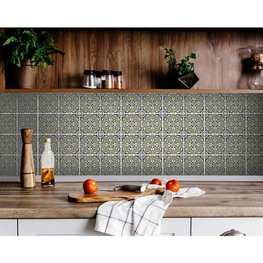 HomeRoots 5" X 5" Vintage Aegean Removable Peel and Stick Tiles Olive Green