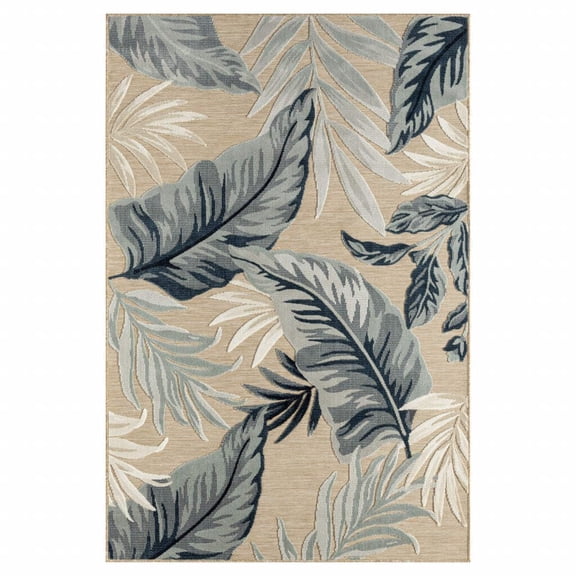 5' X 7' Blue Beige And Cream Floral Stain Resistant Indoor Outdoor Area Rug